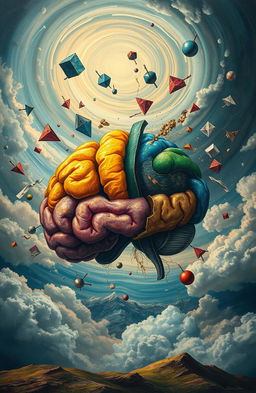 A surreal landscape depicting a fractured mind, featuring an abstract representation of a human brain split into various vibrant sections, each with unique colors and textures