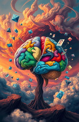 A surreal landscape depicting a fractured mind, featuring an abstract representation of a human brain split into various vibrant sections, each with unique colors and textures