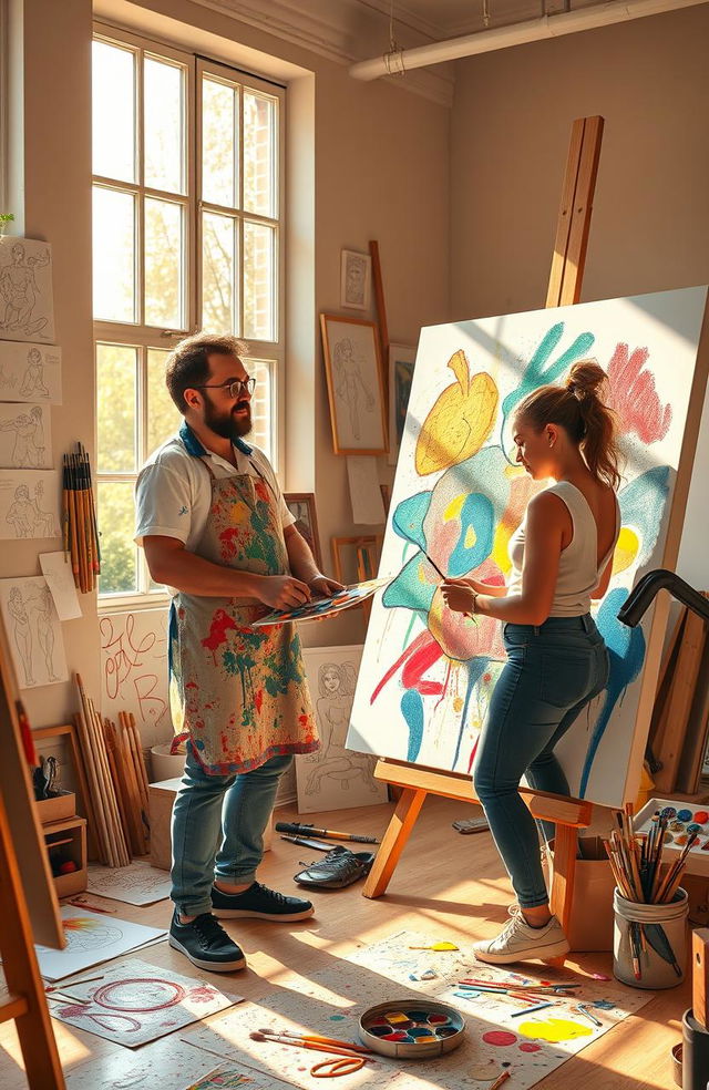 A vibrant and creative scene depicting an artist and their assistant in a bright, sunlit studio