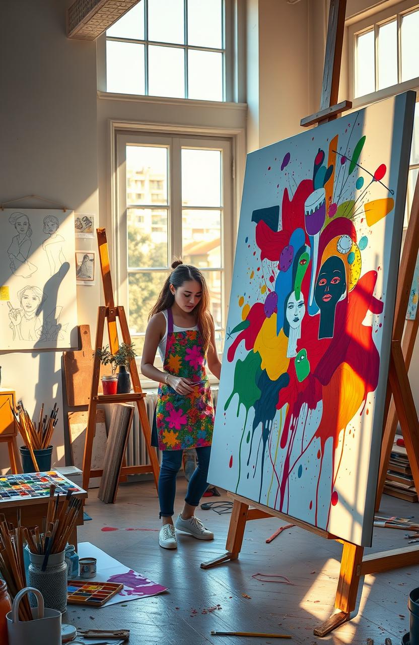 A vibrant and creative scene depicting an artist and their assistant in a bright, sunlit studio