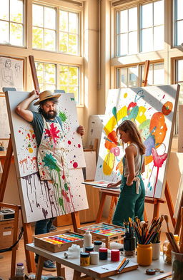 A vibrant and creative scene depicting an artist and their assistant in a bright, sunlit studio