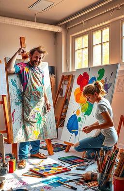 A vibrant and creative scene depicting an artist and their assistant in a bright, sunlit studio