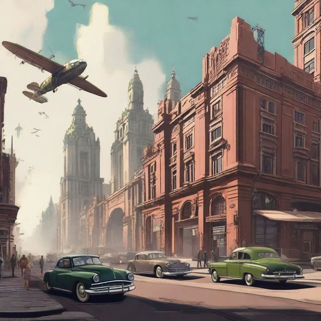 A high-quality digital art piece depicting Mexico City in a Dieselpunk theme, featuring a blend of traditional architecture and Dieselpunk aesthetics, vintage cars, and airships