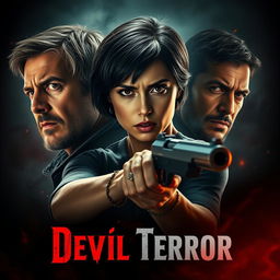 A horror movie poster for a film titled "Devil Terror" featuring two men and one woman with short hair