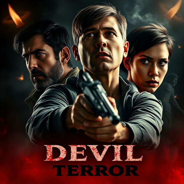 A horror movie poster for a film titled "Devil Terror" featuring two men and one woman with short hair