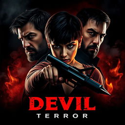 A horror movie poster for a film titled "Devil Terror" featuring two men and one woman with short hair