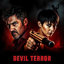 A horror movie poster for a film titled "Devil Terror" featuring two men and one woman with short hair