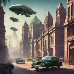 A high-quality digital art piece depicting Mexico City in a Dieselpunk theme, featuring a blend of traditional architecture and Dieselpunk aesthetics, vintage cars, and airships