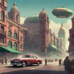 A high-quality digital art piece depicting Mexico City in a Dieselpunk theme, featuring a blend of traditional architecture and Dieselpunk aesthetics, vintage cars, and airships