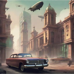 A high-quality digital art piece depicting Mexico City in a Dieselpunk theme, featuring a blend of traditional architecture and Dieselpunk aesthetics, vintage cars, and airships