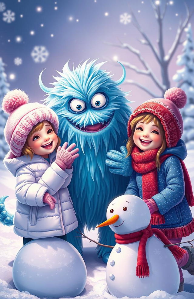 A mystical, frosty monster with icy blue fur and glowing white eyes, playfully interacting with two cheerful winter-themed girls