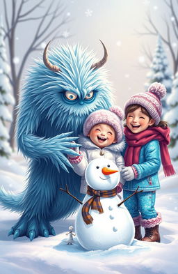 A mystical, frosty monster with icy blue fur and glowing white eyes, playfully interacting with two cheerful winter-themed girls
