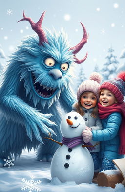 A mystical, frosty monster with icy blue fur and glowing white eyes, playfully interacting with two cheerful winter-themed girls