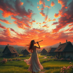 A beautiful village landscape featuring a vibrant red and orange sky filled with clouds, with a girl elegantly playing a flute