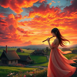 A beautiful village landscape featuring a vibrant red and orange sky filled with clouds, with a girl elegantly playing a flute