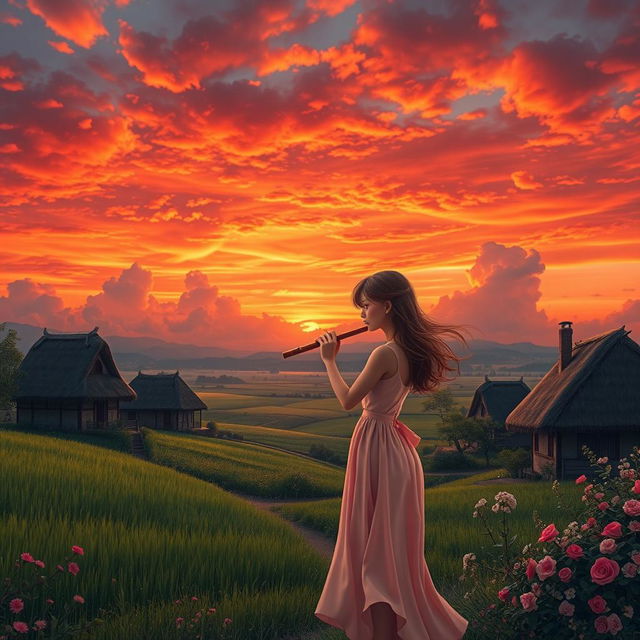 A beautiful village landscape featuring a vibrant red and orange sky filled with clouds, with a girl elegantly playing a flute