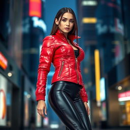 A hot slim girl with a fit physique, wearing a shiny red tight puffer jacket that accentuates her form, complemented by sleek black latex leggings that highlight her legs