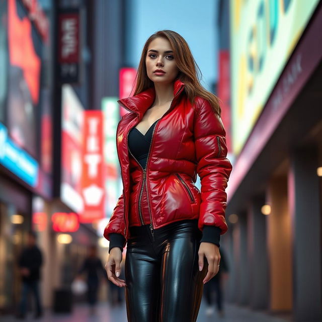 A hot slim girl with a fit physique, wearing a shiny red tight puffer jacket that accentuates her form, complemented by sleek black latex leggings that highlight her legs