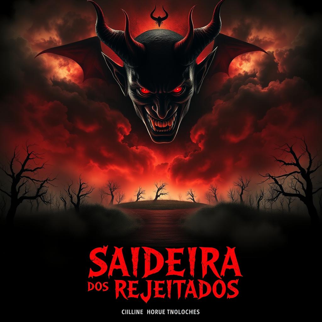 A thrilling horror movie poster for a film titled 'Saideira dos Rejeitados', featuring a devil character looming over a dark, eerie landscape