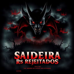 A thrilling horror movie poster for a film titled 'Saideira dos Rejeitados', featuring a devil character looming over a dark, eerie landscape