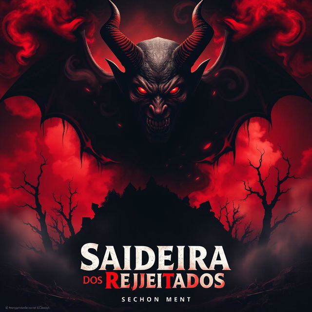A thrilling horror movie poster for a film titled 'Saideira dos Rejeitados', featuring a devil character looming over a dark, eerie landscape