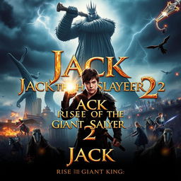 An epic movie poster for 'Jack the Giant Slayer 2: Rise of the Giant King' featuring Nicholas Hoult as Jack, now a seasoned warrior, standing determined at the forefront wielding a glowing enchanted weapon
