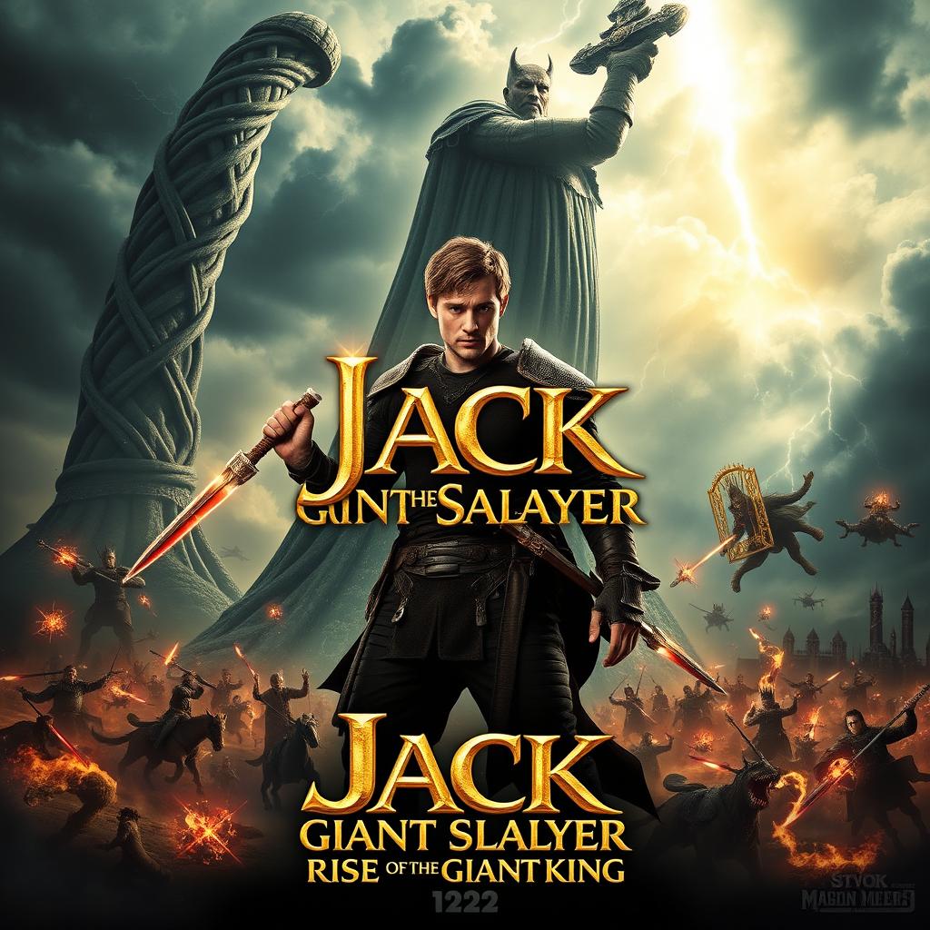 An epic movie poster for 'Jack the Giant Slayer 2: Rise of the Giant King' featuring Nicholas Hoult as Jack, now a seasoned warrior, standing determined at the forefront wielding a glowing enchanted weapon