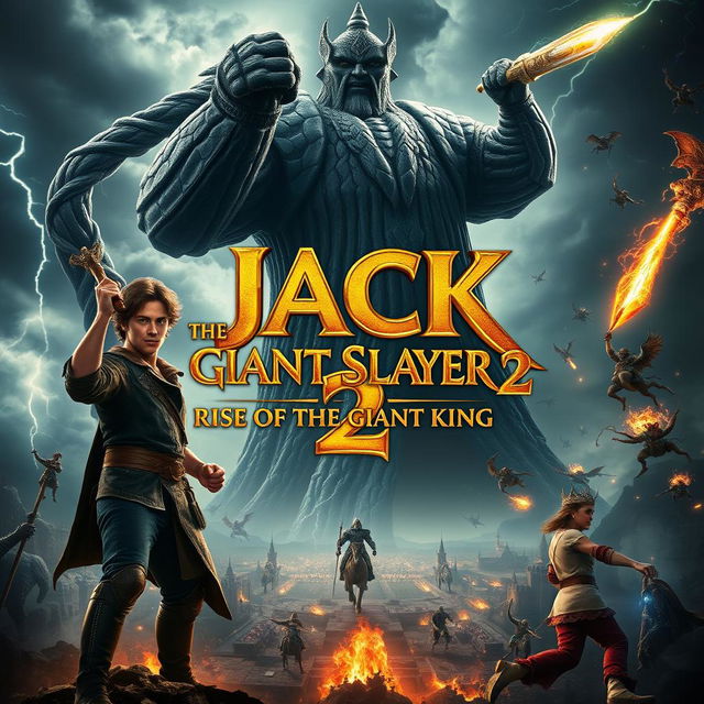 An epic movie poster for 'Jack the Giant Slayer 2: Rise of the Giant King' featuring Nicholas Hoult as Jack, now a seasoned warrior, standing determined at the forefront wielding a glowing enchanted weapon