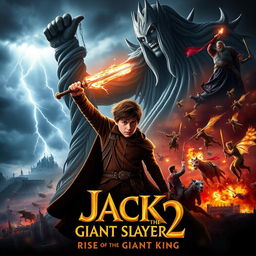 An epic movie poster for 'Jack the Giant Slayer 2: Rise of the Giant King' featuring Nicholas Hoult as Jack, now a seasoned warrior, standing determined at the forefront wielding a glowing enchanted weapon