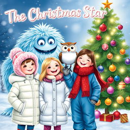 A festive scene titled 'The Christmas Star', featuring a whimsical frosty monster with icy blue fur and twinkling eyes in the background
