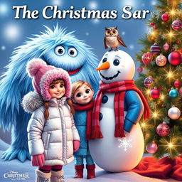 A festive scene titled 'The Christmas Star', featuring a whimsical frosty monster with icy blue fur and twinkling eyes in the background