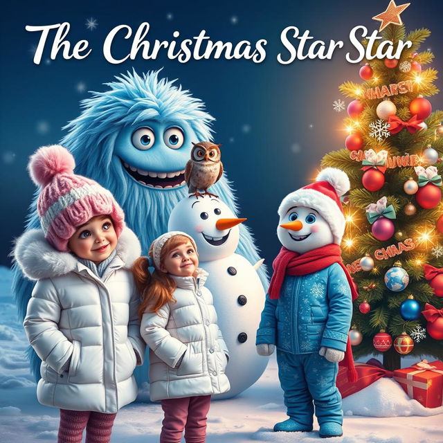 A festive scene titled 'The Christmas Star', featuring a whimsical frosty monster with icy blue fur and twinkling eyes in the background