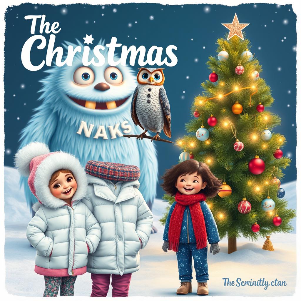 A festive scene titled 'The Christmas Star', featuring a whimsical frosty monster with icy blue fur and twinkling eyes in the background