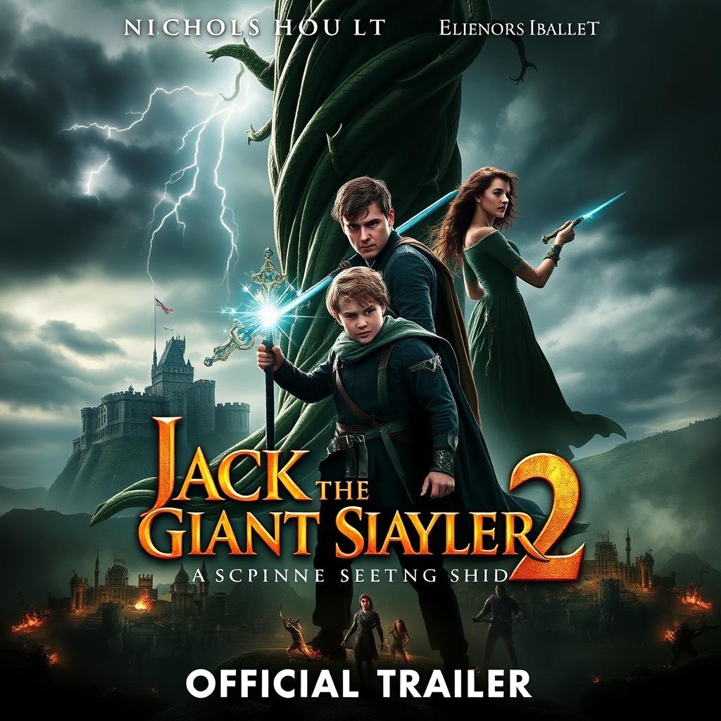 A dramatic movie poster for 'Jack the Giant Slayer 2 - Official Trailer', featuring Nicholas Hoult as Jack and Eleanor Tomlinson as Isabelle