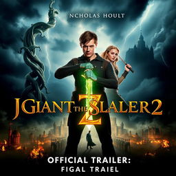 A dramatic movie poster for 'Jack the Giant Slayer 2 - Official Trailer', featuring Nicholas Hoult as Jack and Eleanor Tomlinson as Isabelle