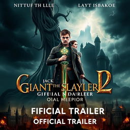 A dramatic movie poster for 'Jack the Giant Slayer 2 - Official Trailer', featuring Nicholas Hoult as Jack and Eleanor Tomlinson as Isabelle
