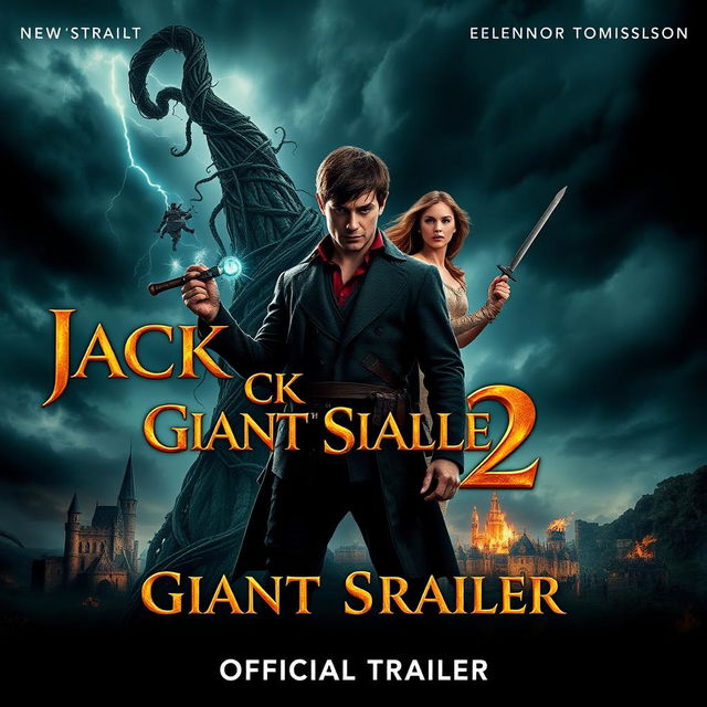 A dramatic movie poster for 'Jack the Giant Slayer 2 - Official Trailer', featuring Nicholas Hoult as Jack and Eleanor Tomlinson as Isabelle