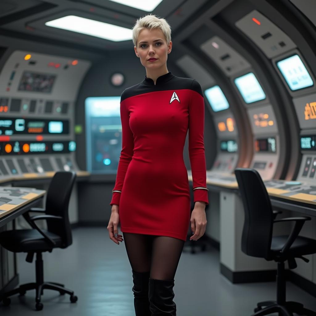 A woman with short pixie hair wearing a vibrant red Star Trek uniform minidress, paired with sleek black tights and stylish black knee-high boots