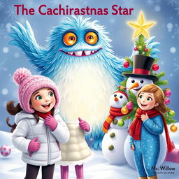 A festive scene titled 'The Christmas Star,' featuring a whimsical frosty monster with shimmering icy blue fur and twinkling eyes in the background