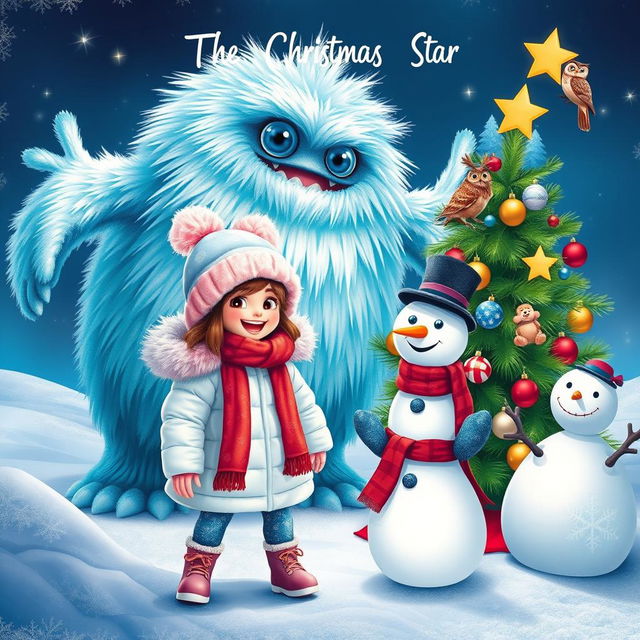 A festive scene titled 'The Christmas Star,' featuring a whimsical frosty monster with shimmering icy blue fur and twinkling eyes in the background