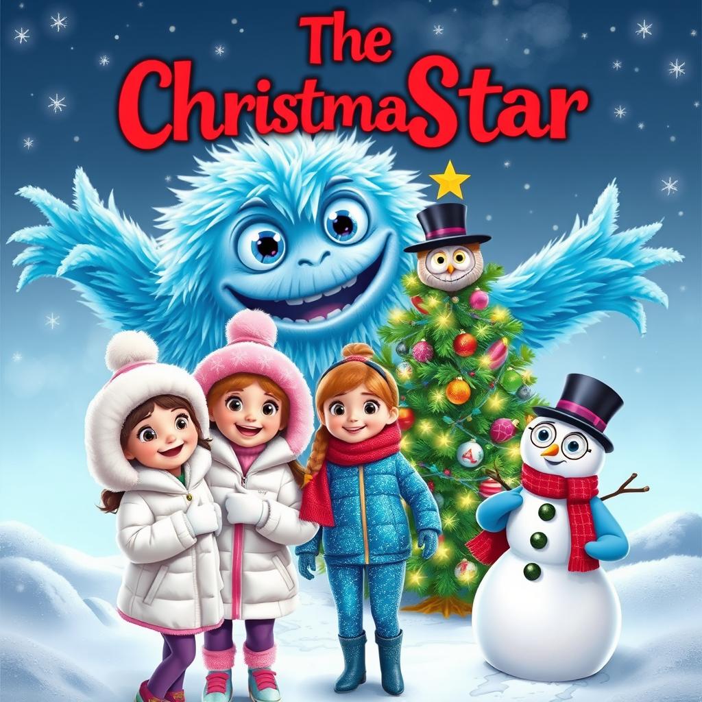A festive scene titled 'The Christmas Star,' featuring a whimsical frosty monster with shimmering icy blue fur and twinkling eyes in the background
