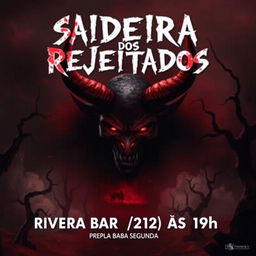 A captivating horror movie poster for a film titled 'Saideira dos Rejeitados', featuring a terrifying devil character with glowing red eyes and sharp horns, ominously dominating a dark landscape