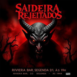 A captivating horror movie poster for a film titled 'Saideira dos Rejeitados', featuring a terrifying devil character with glowing red eyes and sharp horns, ominously dominating a dark landscape
