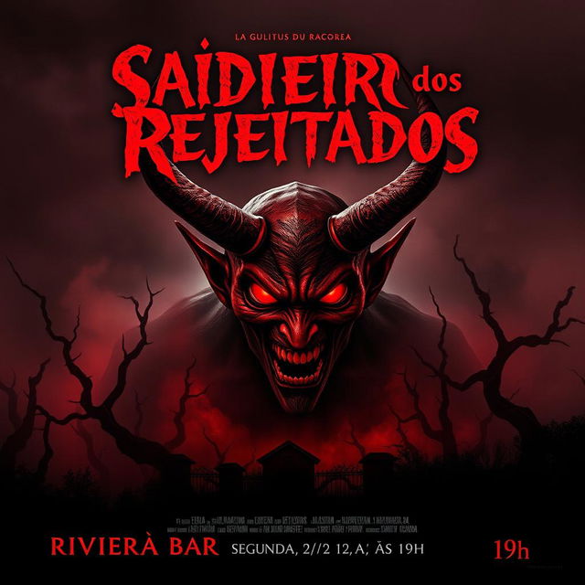 A captivating horror movie poster for a film titled 'Saideira dos Rejeitados', featuring a terrifying devil character with glowing red eyes and sharp horns, ominously dominating a dark landscape