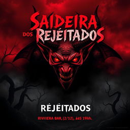 A captivating horror movie poster for a film titled 'Saideira dos Rejeitados', featuring a terrifying devil character with glowing red eyes and sharp horns, ominously dominating a dark landscape