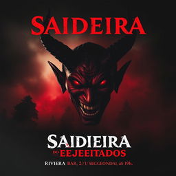 A striking horror movie poster for 'Saideira dos Rejeitados', featuring a powerful devil figure with glowing red eyes, sharp, twisted horns, and a menacing smile, set against a dark and foreboding background