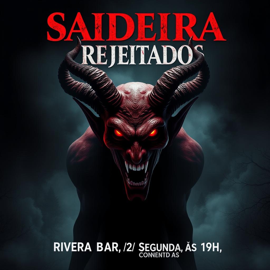 A striking horror movie poster for 'Saideira dos Rejeitados', featuring a powerful devil figure with glowing red eyes, sharp, twisted horns, and a menacing smile, set against a dark and foreboding background