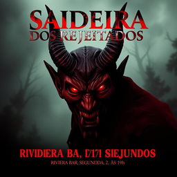 A striking horror movie poster for 'Saideira dos Rejeitados', featuring a powerful devil figure with glowing red eyes, sharp, twisted horns, and a menacing smile, set against a dark and foreboding background
