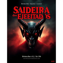 A striking horror movie poster for 'Saideira dos Rejeitados', featuring a powerful devil figure with glowing red eyes, sharp, twisted horns, and a menacing smile, set against a dark and foreboding background