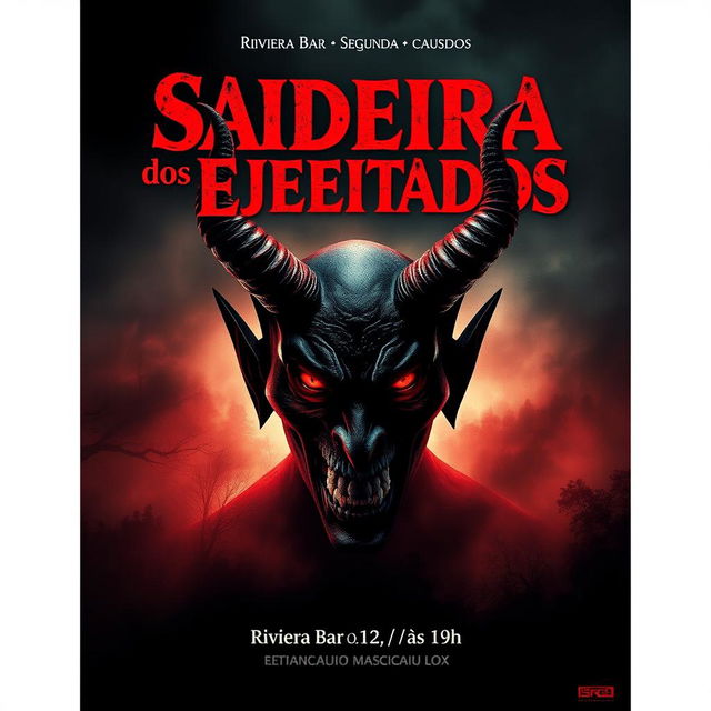 A striking horror movie poster for 'Saideira dos Rejeitados', featuring a powerful devil figure with glowing red eyes, sharp, twisted horns, and a menacing smile, set against a dark and foreboding background